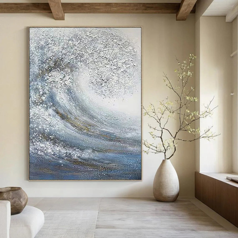 “Silver and Blue Wave” - Textured Seascape Painting On Canvas DS337