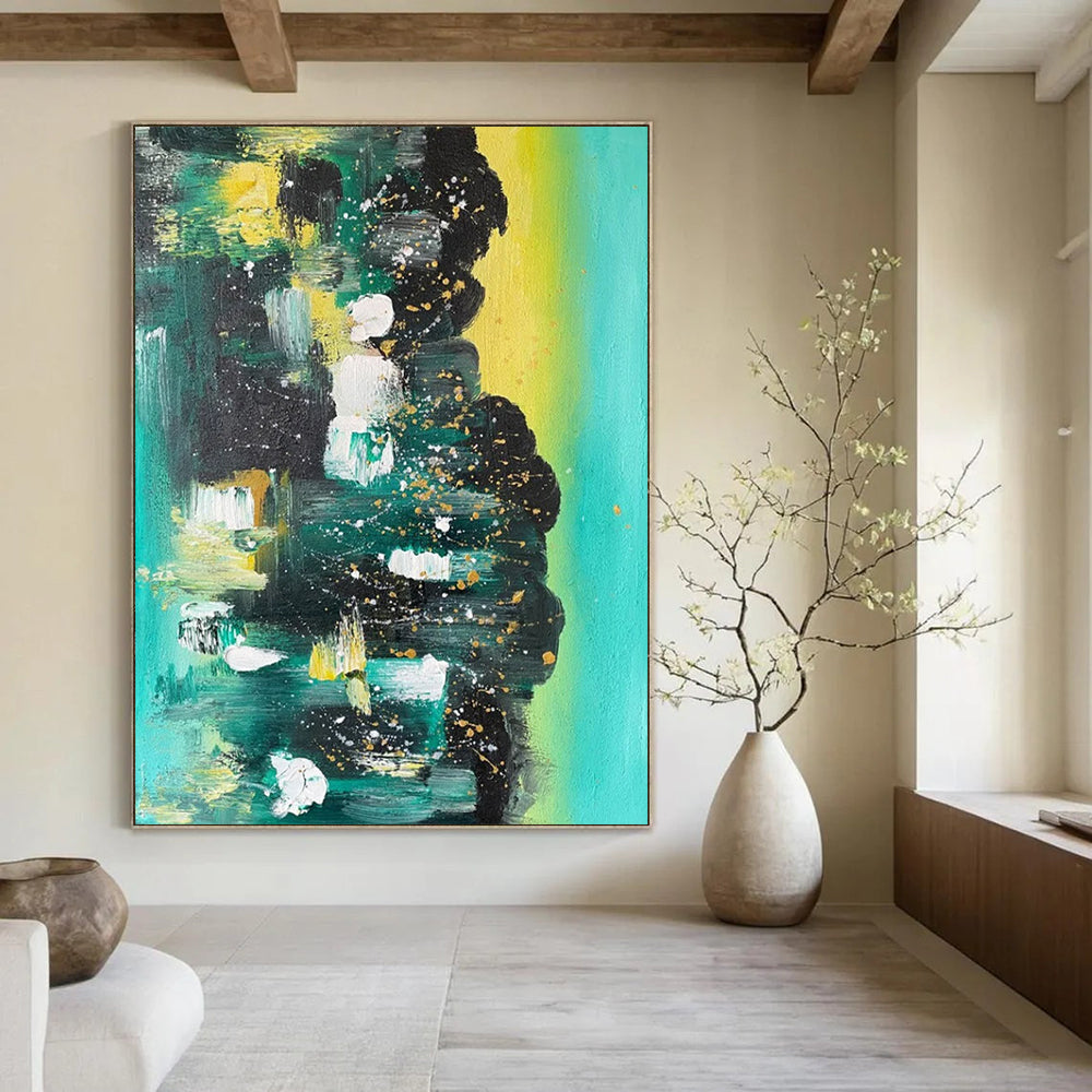 “Teal - Gold Abstract Splatter” - Abstract Expressionist Painting On Canvas DS038
