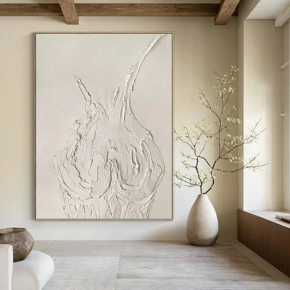 “White Textured Vase Abstract” - Sculptural Plaster Painting On Canvas PT0990