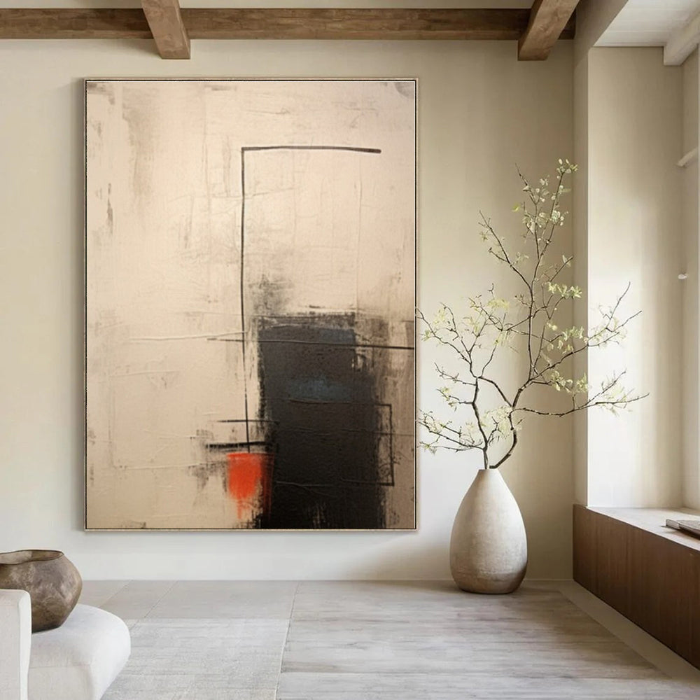 Beige, Black, Red with Geometric Abstraction "Geometric Sparks" Abstract Painting On Canvas PS1291