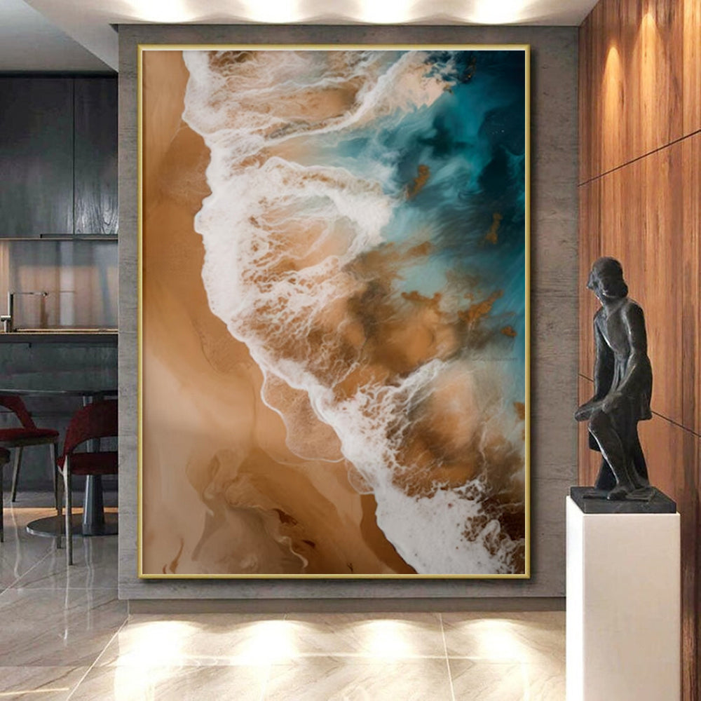 “Aerial Beach View” - Blue, Brown, White Abstract Aerial Seascape Painting PS0766