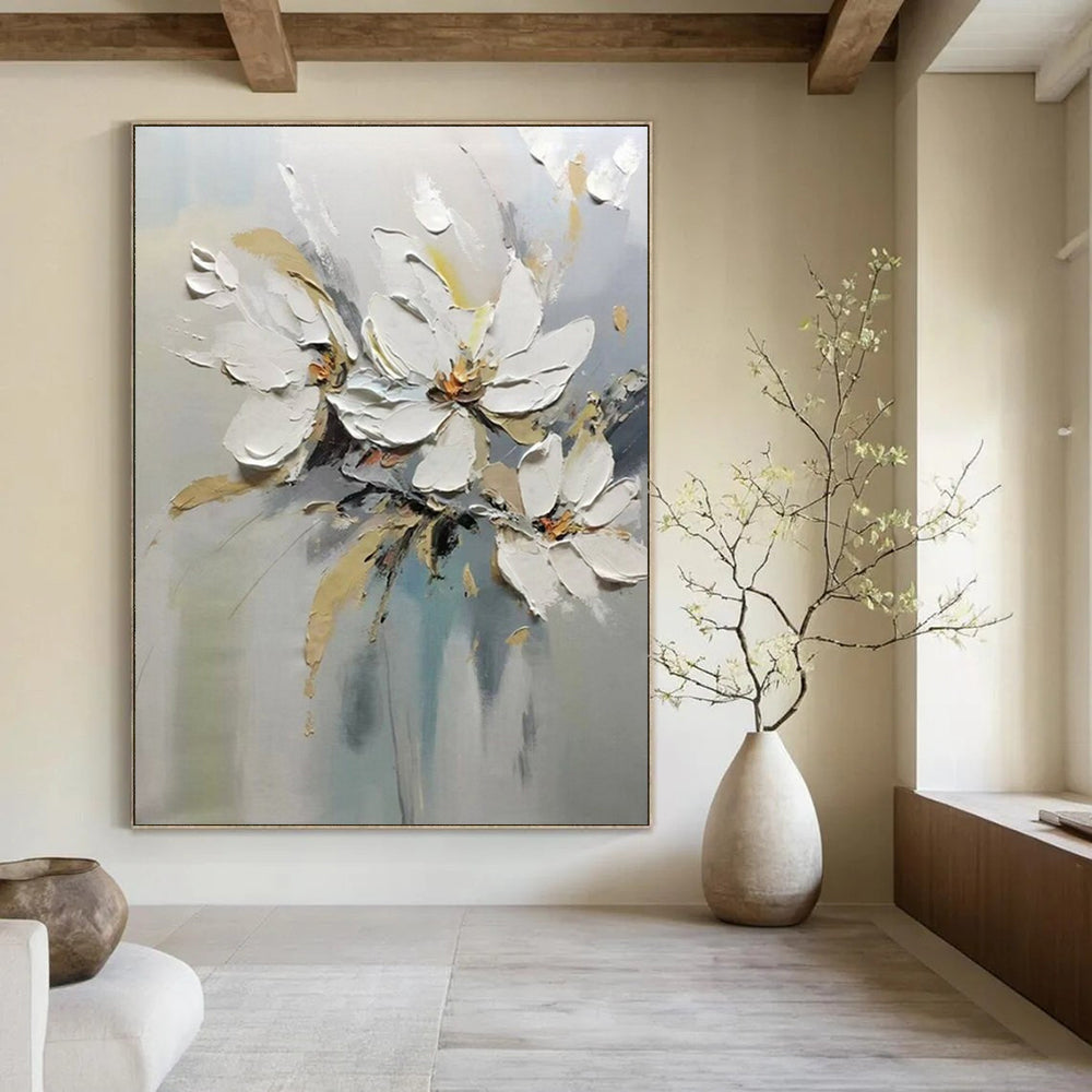 “White Flowers with Impasto Technique” - Textured Oil Painting On Canvas PT2201
