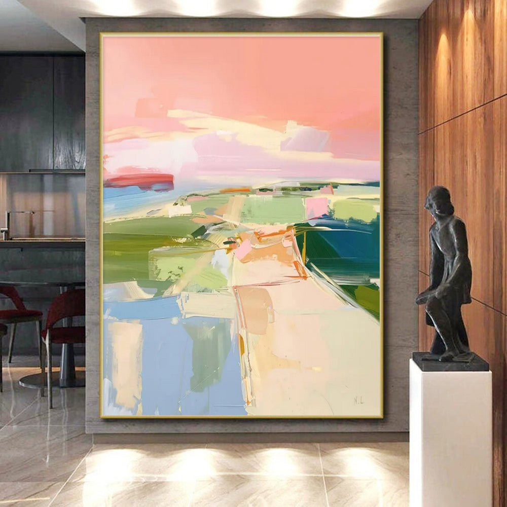 “Pastel Landscape Abstraction” - Pastel Pink, Green, Blue Abstract Landscape Painting On Canvas PS0706