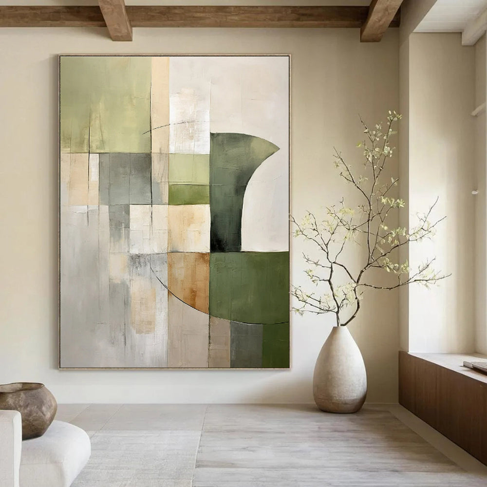 Green, Gray, Beige with Geometric Forms "Earthly Grid" Abstract Painting On Canvas PS1440