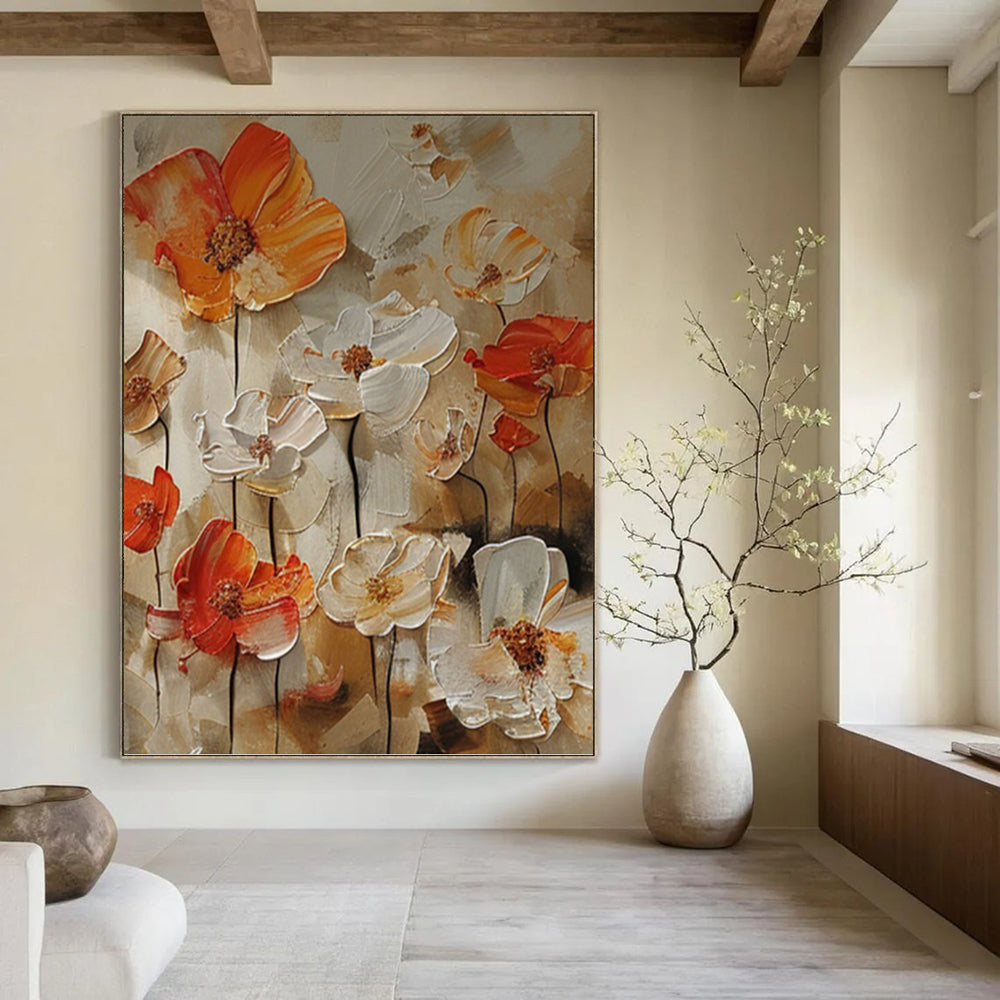 “Orange - White Floral Impasto” - Impressionist - Inspired Floral Painting On Canvas PT1399