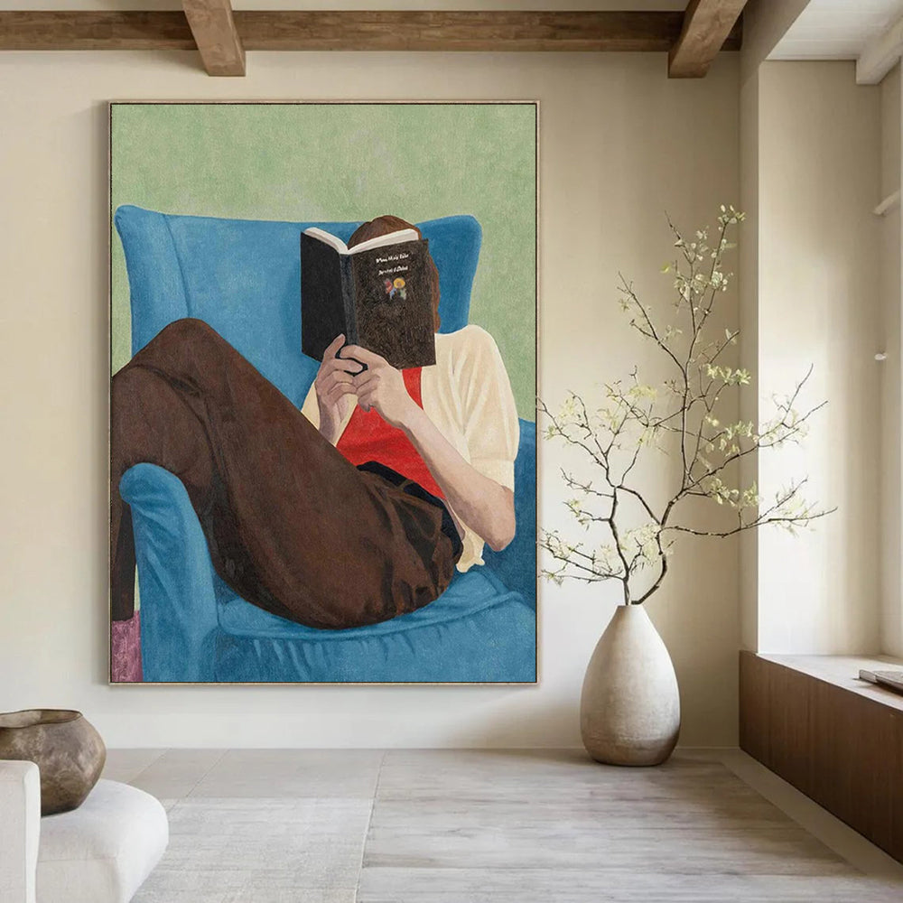 “Reading Figure in Blue Chair” - Serene Figurative Painting On Canvas DS303