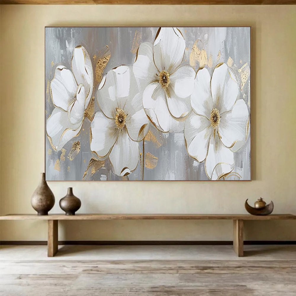 “White - Gold Floral Blooms” - Elegant Flowers “Gilded Garden” Painting On Canvas PT1653