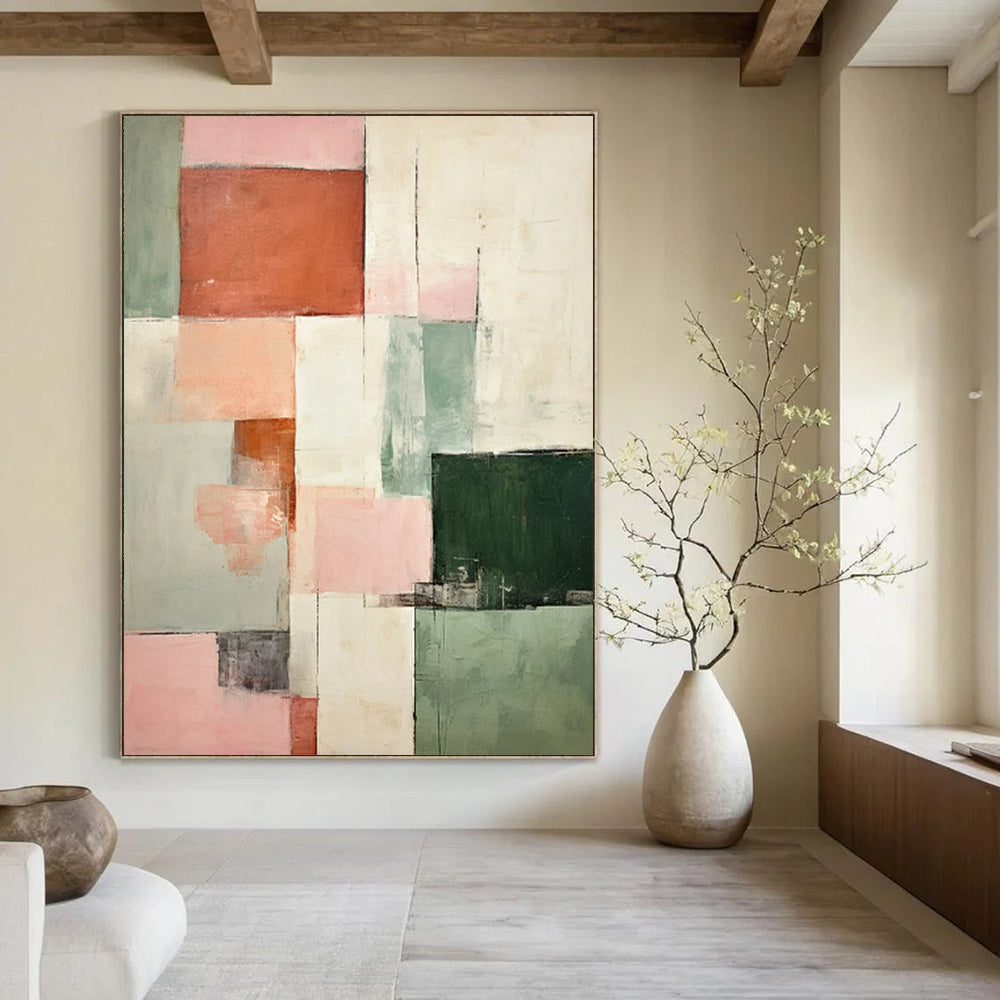 “Pink - Green Cubist Abstract” - Soft Cubist Abstract Painting On Canvas PT2299
