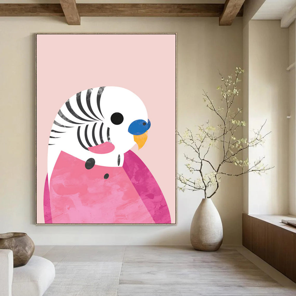 “Pink - Backgrounded Parakeet” - Colorful Bird with Geometric Shapes Painting On Canvas DS227