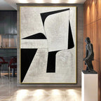 “Monochrome Geometric Shapes” - Beige, Black Abstract Minimalist Painting On Canvas PS0671