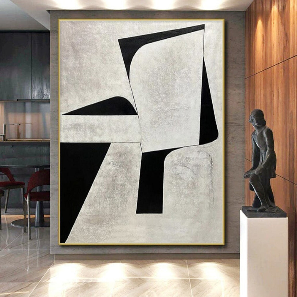 “Monochrome Geometric Shapes” - Beige, Black Abstract Minimalist Painting On Canvas PS0671