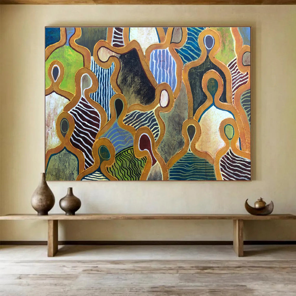 “Figurative Pattern Play” - Colorful Abstract Figures, Tribal - Inspired Painting On Canvas DKS716