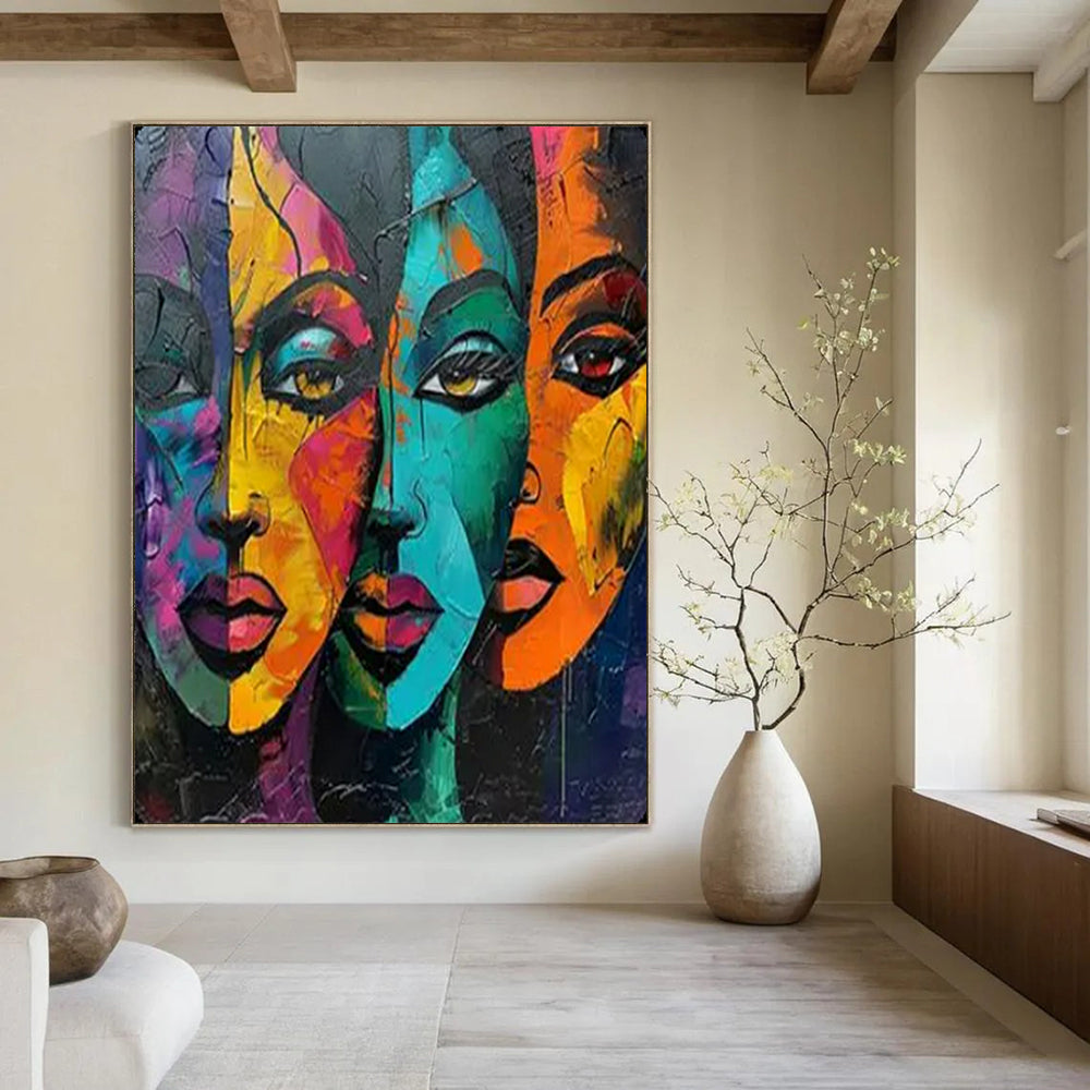 Colorful Visions Vibrant Cubist Faces, Painting On Canvas PT2161