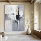 “Monochrome Grid” - Subtle Gray Tones & Geometric Lines Painting On Canvas DS138