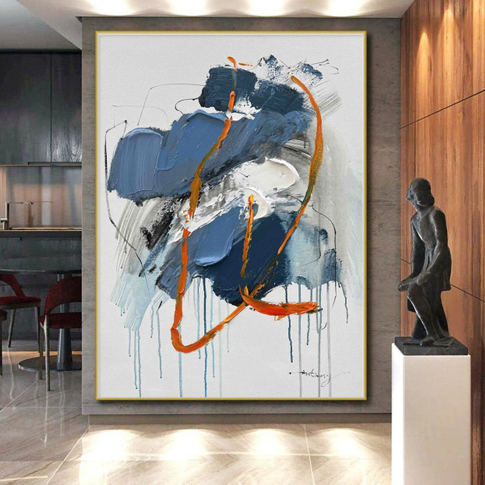 “Blue - Orange Expressive Drips” - Blue, Orange, Gray, White Abstract Painting On Canvas PS0507