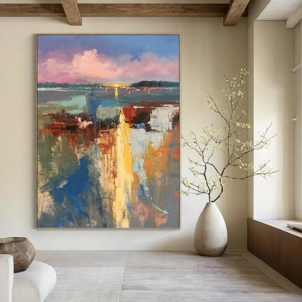 “Colorful Abstract Harbor” - Impressionistic, Vibrant - Hued Painting On Canvas PT1578