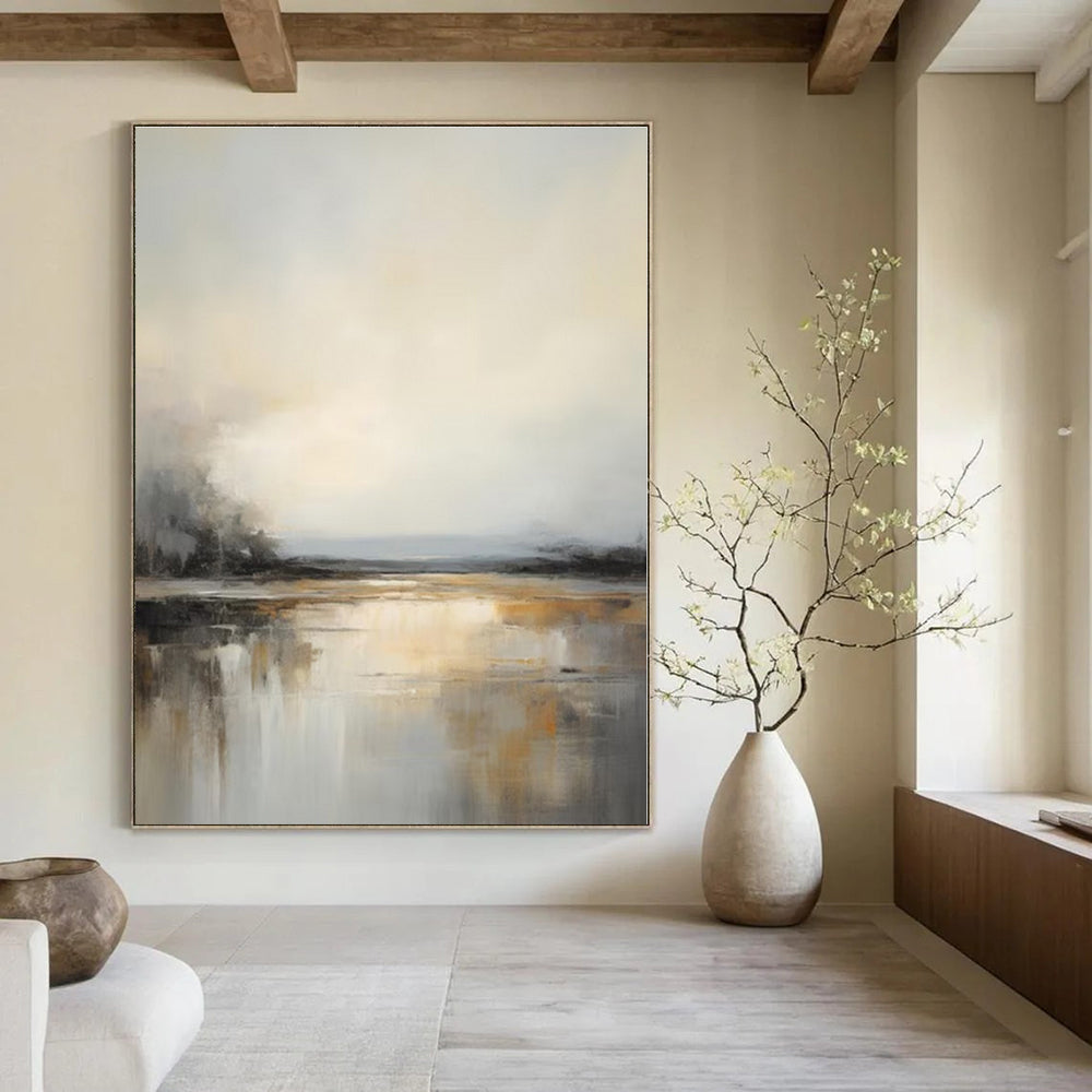 Gray, Beige, Gold with Reflective Landscape "Muted Reflections" Landscape Painting On Canvas PS1284