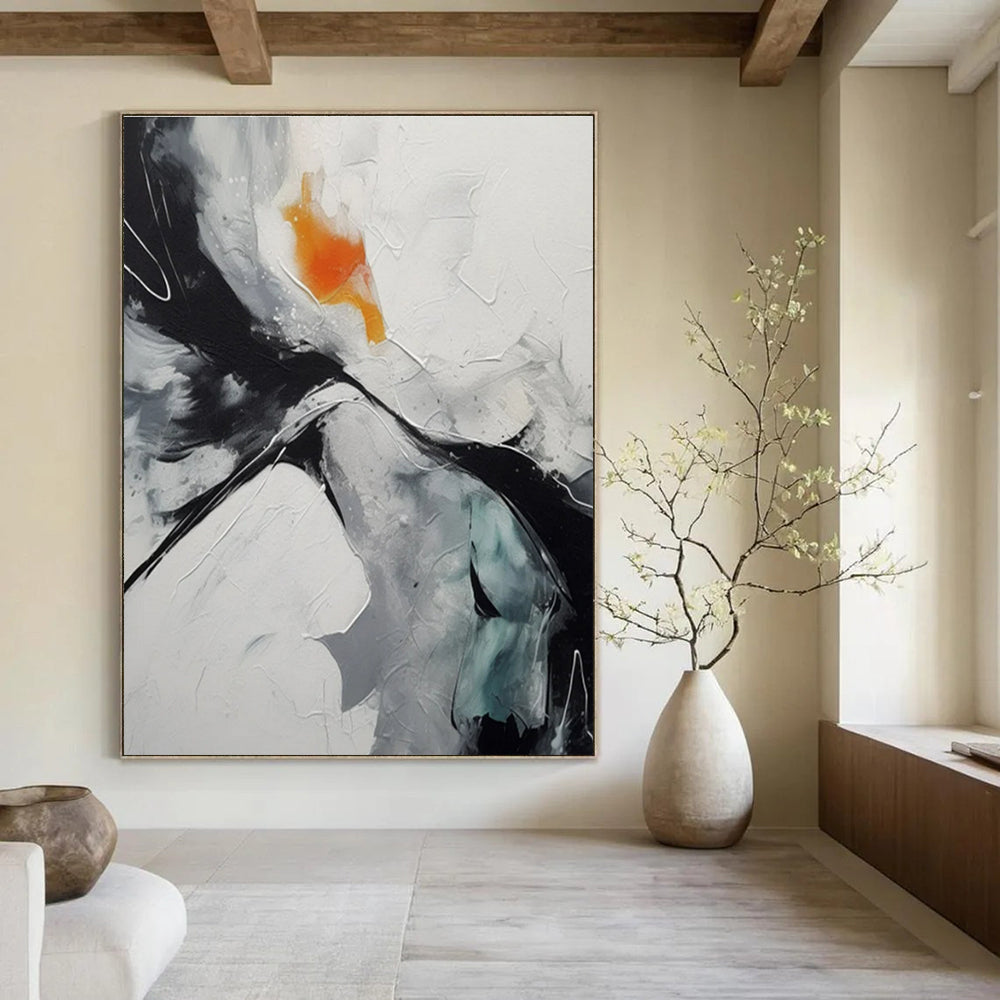 Black, White, Gray, Orange, Teal with Dynamic Strokes "Vivid Fusion" Abstract Painting On Canvas PS1464