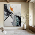 Black, White, Gray, Orange, Teal with Dynamic Strokes "Vivid Fusion" Abstract Painting On Canvas PS1464