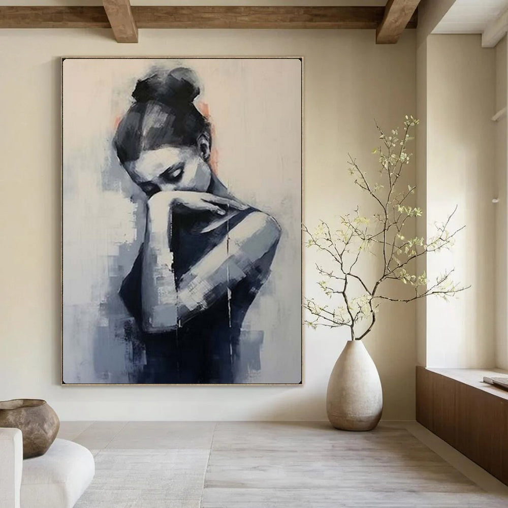 Monochrome Contemplative Figure, Minimalist Expression, Painting On Canvas PT2140