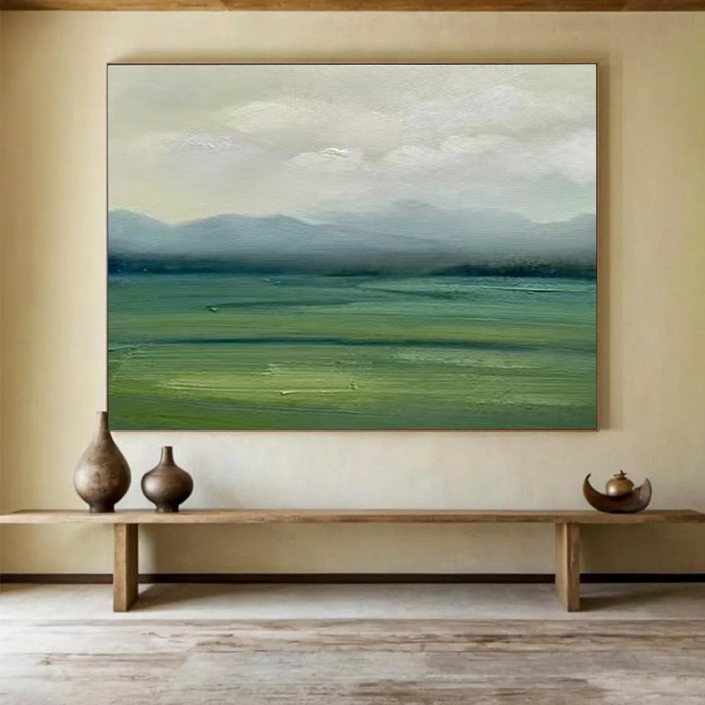 Green and Blue Misty Mountains Landscape Painting On Canvas DKS101