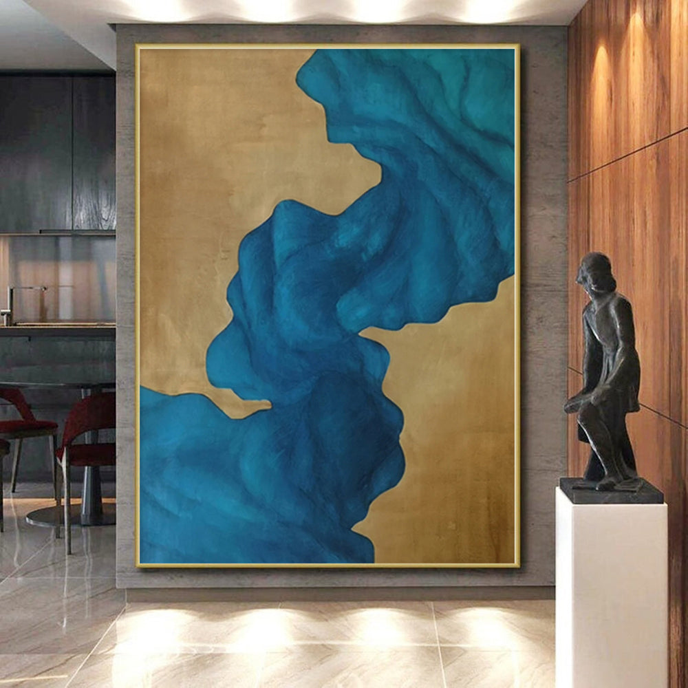 “Blue - Gold Abstract Flowing Shapes” - Elegant Abstract Painting On Canvas PS0343