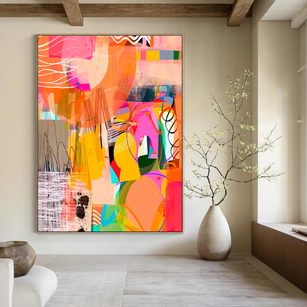 “Vibrant Orange - Pink Abstract Collage” - Modern Collage - Style Painting On Canvas PT1841