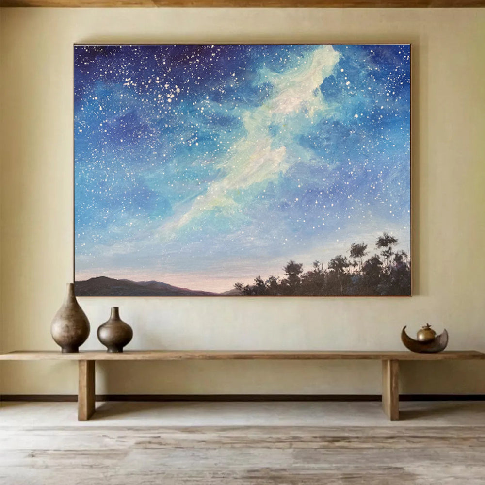 Starry Night Sky Over Silhouetted Land Celestial Landscape Painting On Canvas DKS114