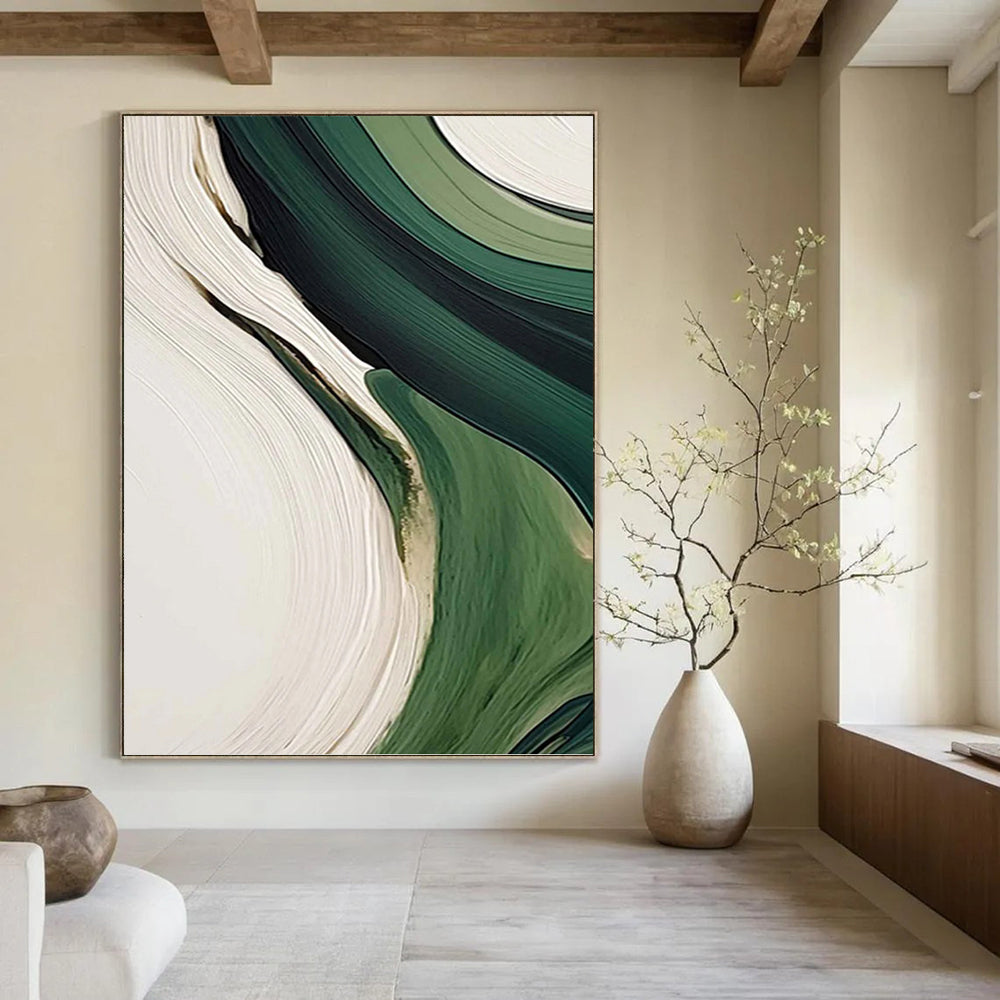 “Green & White Flowing Abstraction” - Fluid, Abstract Shapes Painting On Canvas PT1468