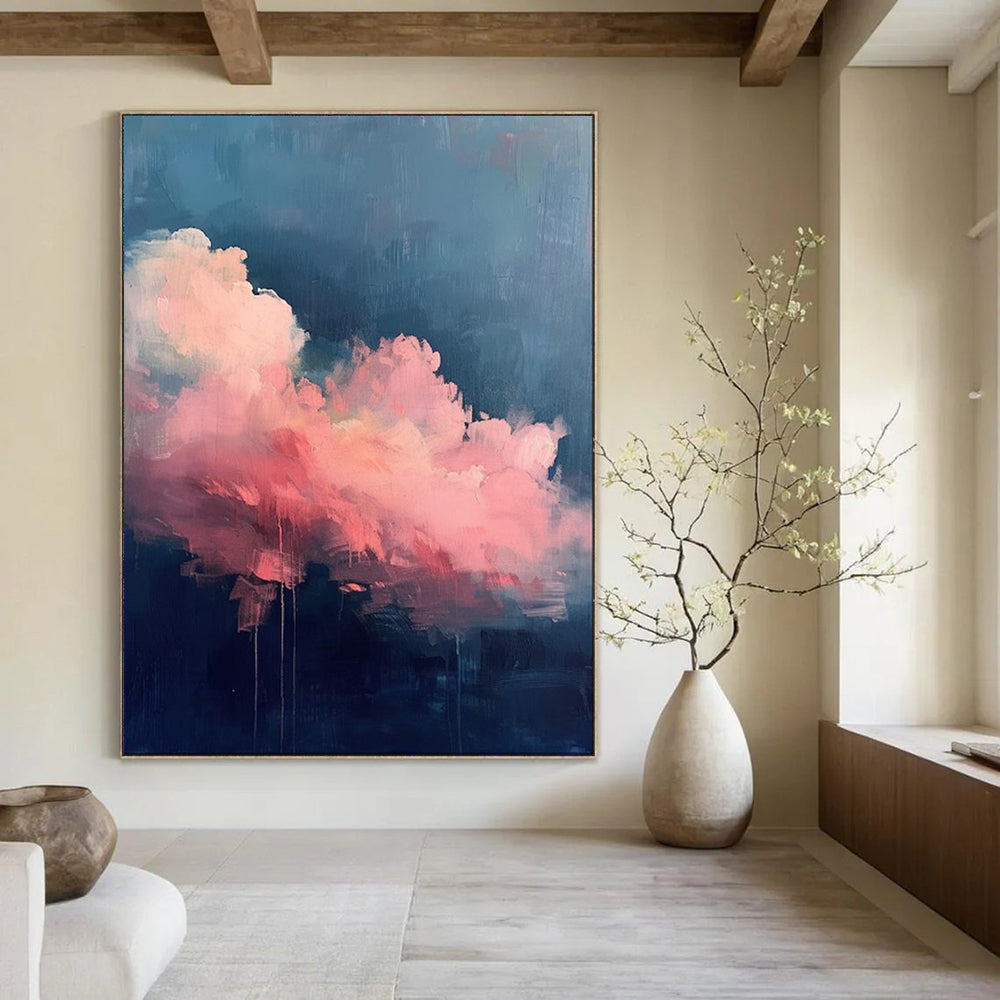 “Pink - Blue Cloudscape with Drips” - Abstract Cloud Painting On Canvas PT1976