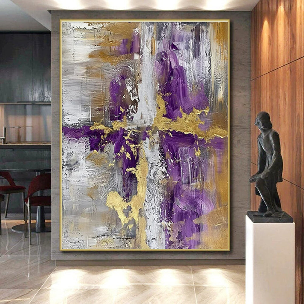 Purple & Gold Abstract Fusion "Ethereal Cross" Painting On Canvas PS0844