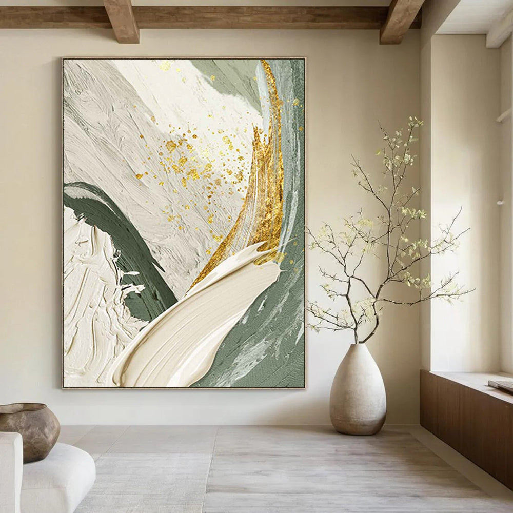 “Green and Gold Abstract” - Luxurious, Abstract Painting On Canvas PT1495