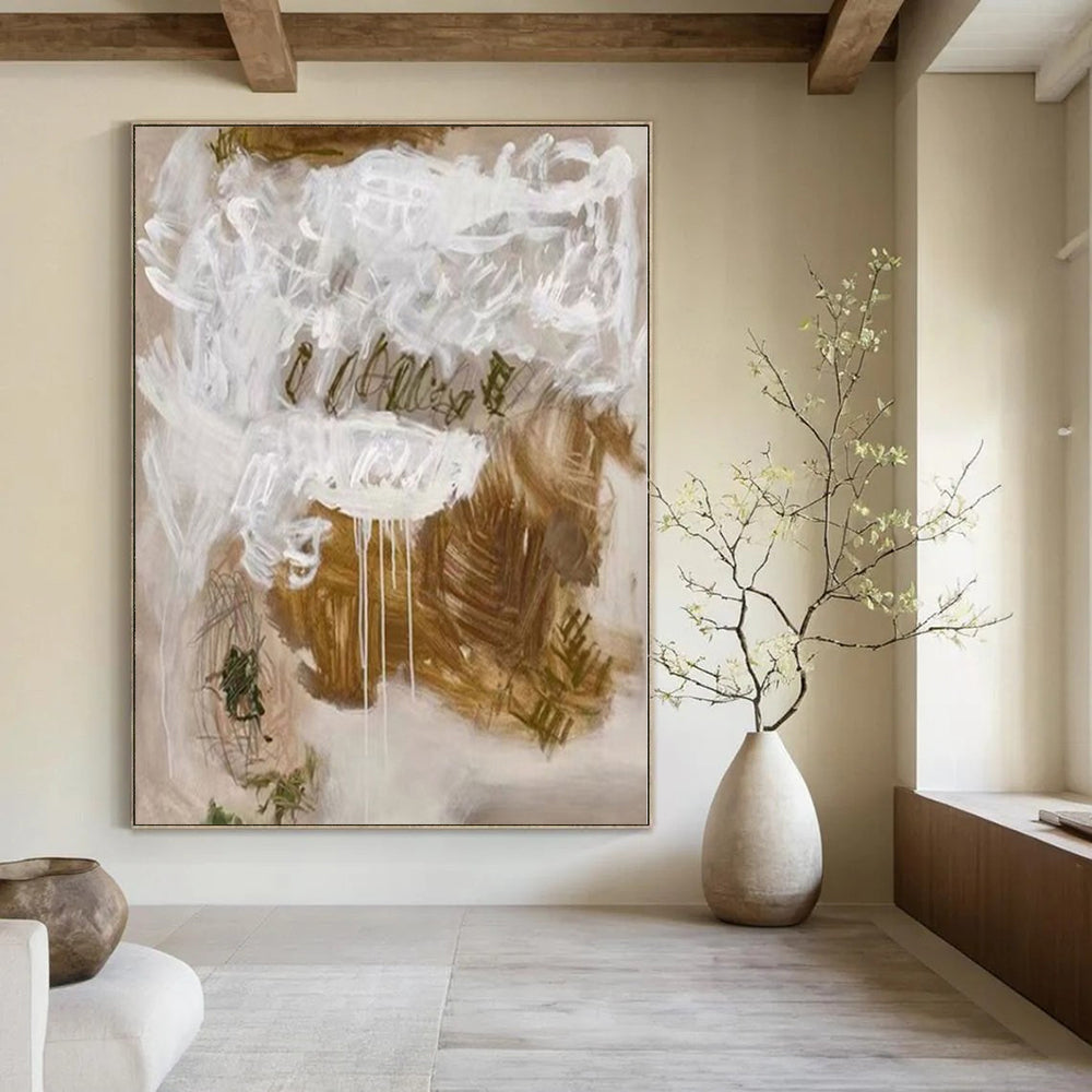 Abstract White and Brown "Expressive Drips" Abstract Expressionist Painting On Canvas PS1085