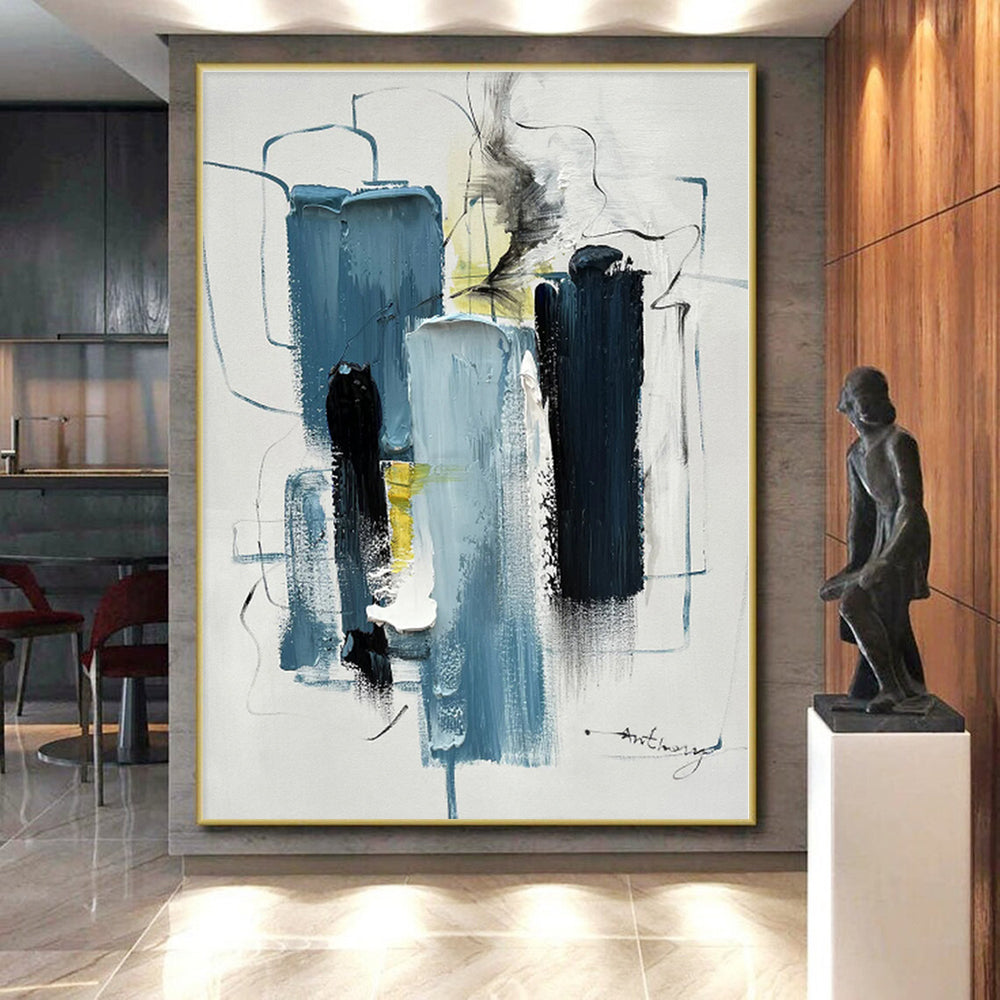“Blue - Black - Yellow Abstract Forms” - Blue, Black, Yellow, White Abstract Painting On Canvas PS0516