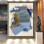 “Blue - Gold Dynamic Abstraction” - Blue, Gold, Gray, Red Abstract Painting On Canvas PS0505