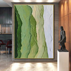 “Green Textured Ridges” - Green, White, Beige Abstract Textured Painting On Canvas PS0634