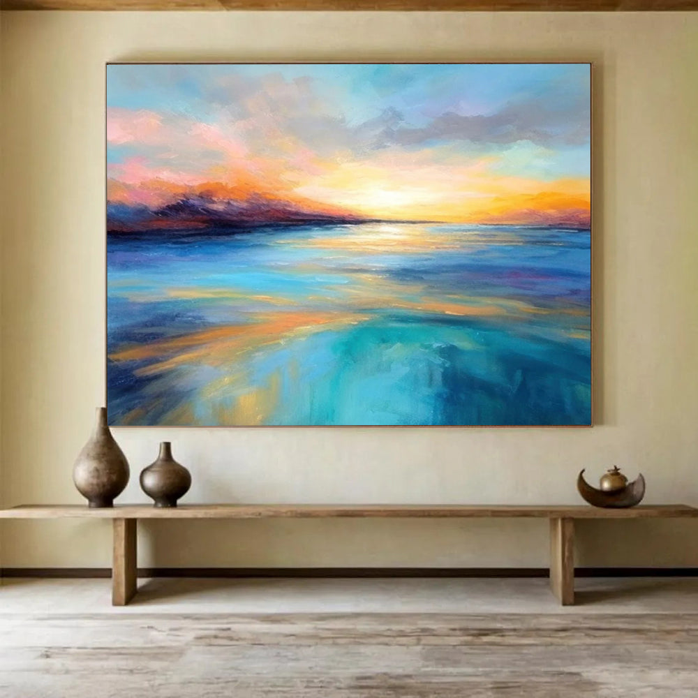 “Vibrant Sunset Sea in Pink and Blue” - Expressive Marine Painting On Canvas PT069