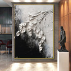 “White Flowers on Black Textured” - White, Black Abstract Textured Floral Painting On Canvas PS0580