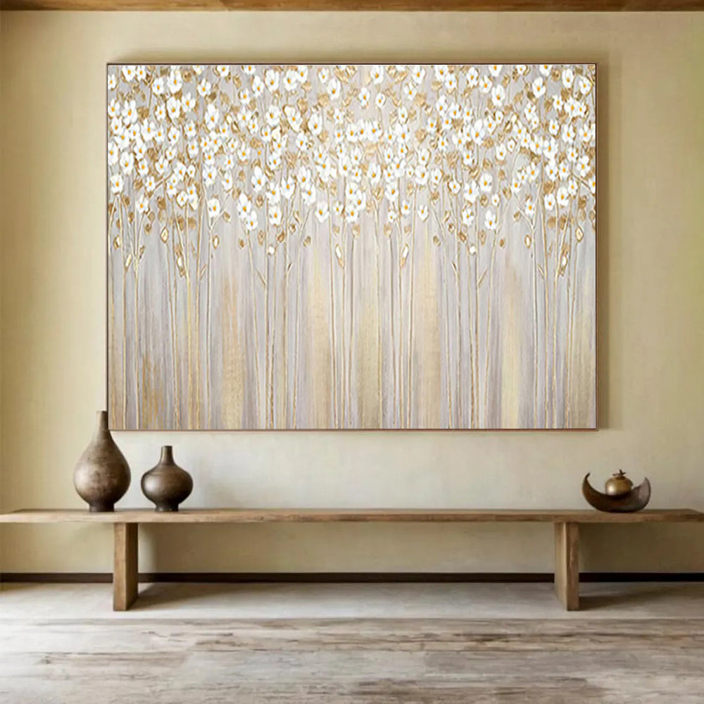 “Golden Floral Forest” - Gray, Gold & White Floral, Impressionistic Oil Painting On Canvas DKS787