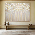“Golden Floral Forest” - Gray, Gold & White Floral, Impressionistic Oil Painting On Canvas DKS787