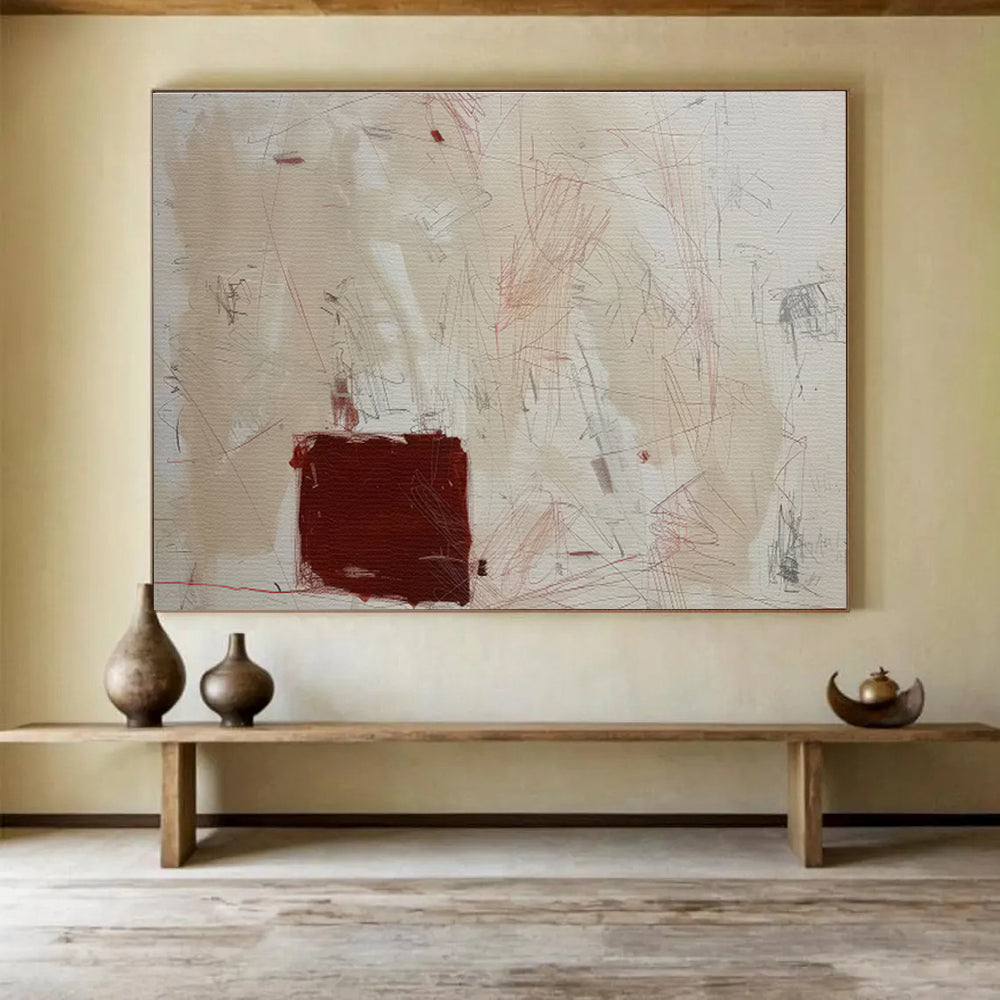 Beige and Red Abstract Scratches Contemporary Abstract Painting On Canvas DKS146