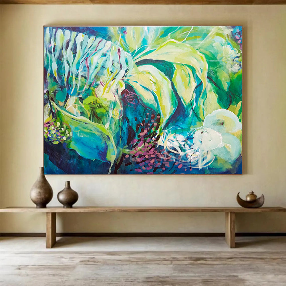 Vibrant Green & Blue Abstract Nature Painting On Canvas DKS055