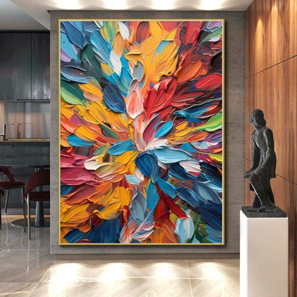 “Textured Floral Burst of Rainbow Colors” - Palette - Knife Abstract Painting On Canvas PS0236