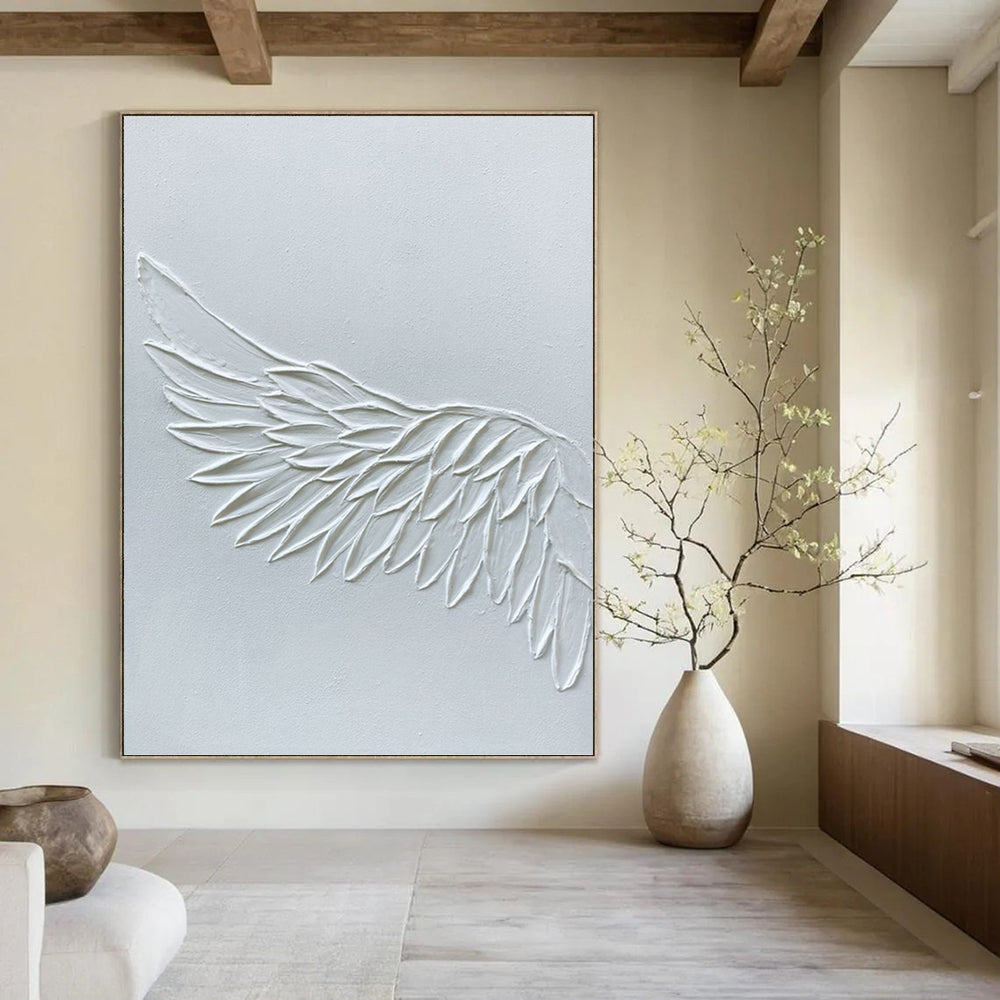 “White Textured Wing” - White, Sculptural Abstract Painting On Canvas PT1485