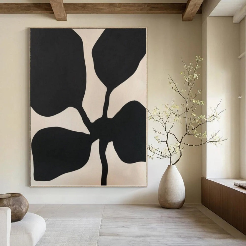 “Black Floral Silhouette on Light Beige” - Nature - Inspired Minimalist Painting On Canvas PT1077