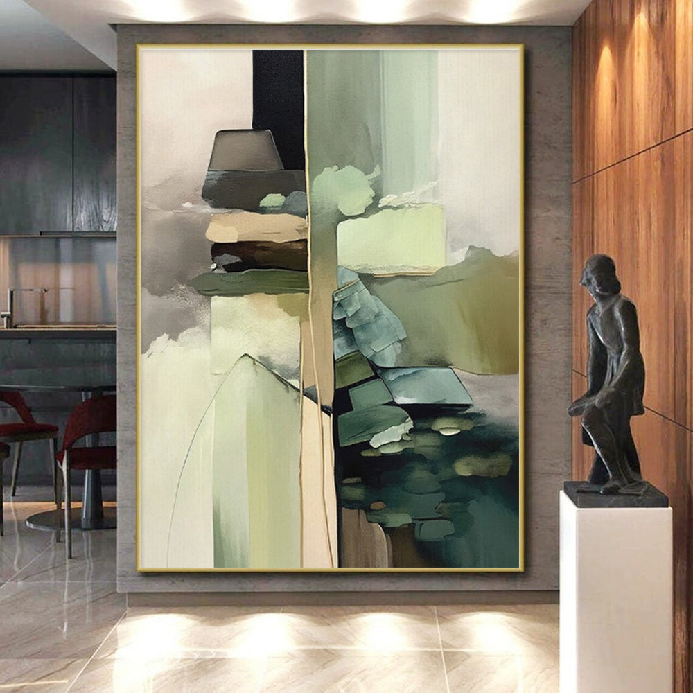 “Green - Neutral Abstract Layers” - Green, Neutral Tones Abstract Expressionist Painting On Canvas PS0743