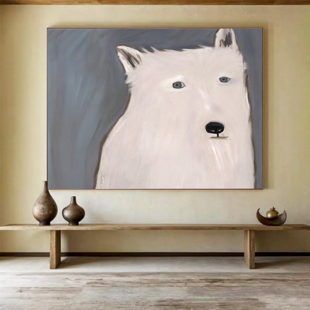 “White Wolf Portrait” - Minimalist Animal Painting On Canvas DKS422