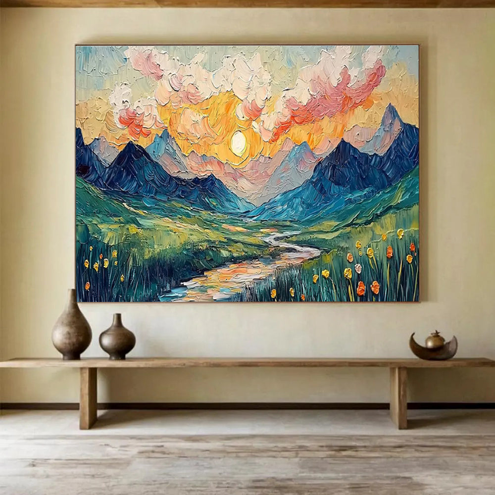 “Impasto Mountain Sunset” - Impasto Oil Painting On Canvas DKS856