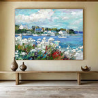 “Impressionistic Coastal Village” - Lively Seascape Painting On Canvas DKS450