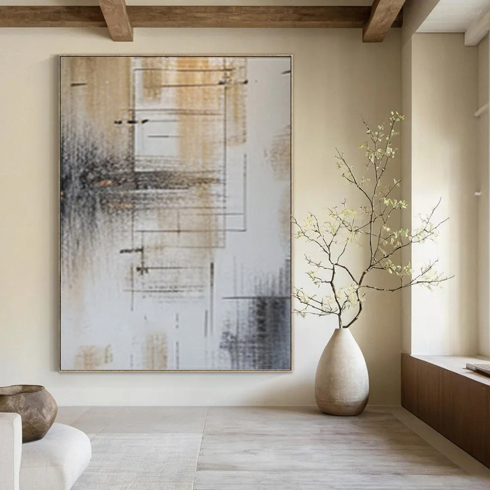 “Brown, Grey and White Linear Abstract” - Modernist Line Painting On Canvas PT0979